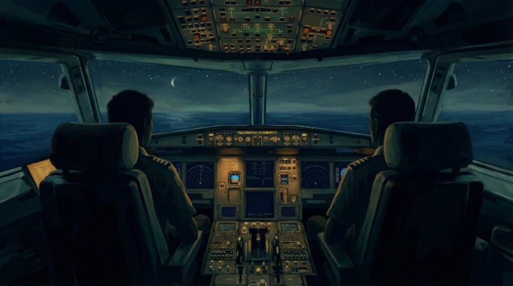Ilustração da cabine de comando escura de um avião comercial à noite, representando os momentos finais antes de descobrirmos o que aconteceu com o voo mh370.