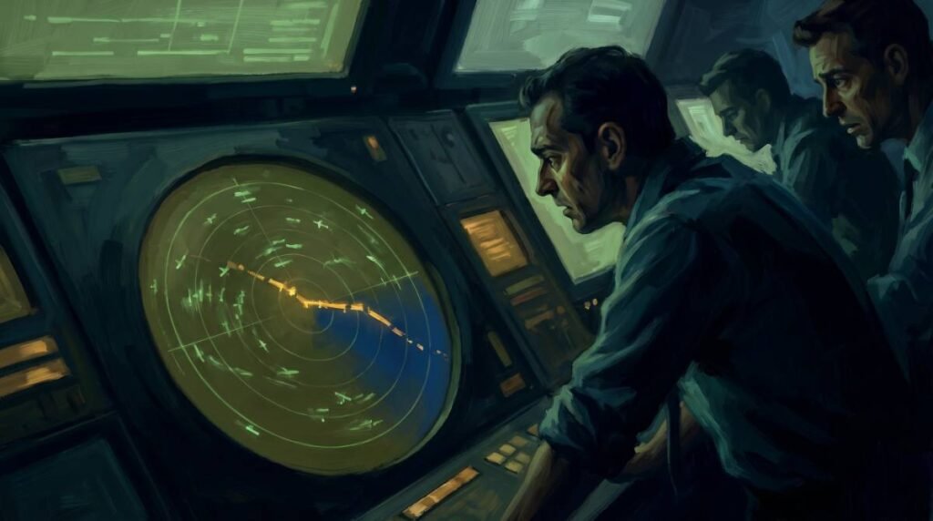 Ilustração de uma tela de radar militar mostrando o trajeto de um avião fazendo uma curva acentuada para a esquerda.