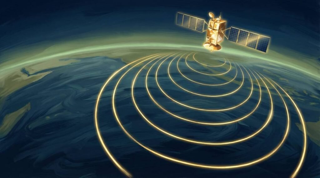 Ilustração de um satélite no espaço emitindo anéis de sinal dourados em direção ao Oceano Índico escuro.