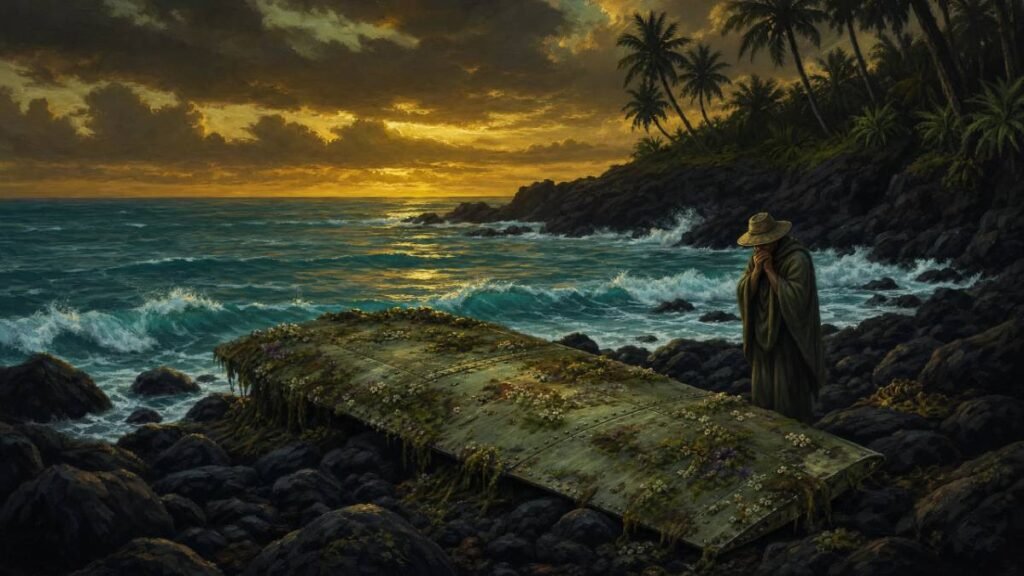 Pintura digital de uma grande peça de asa de avião coberta de cracas em uma praia rochosa ao entardecer.