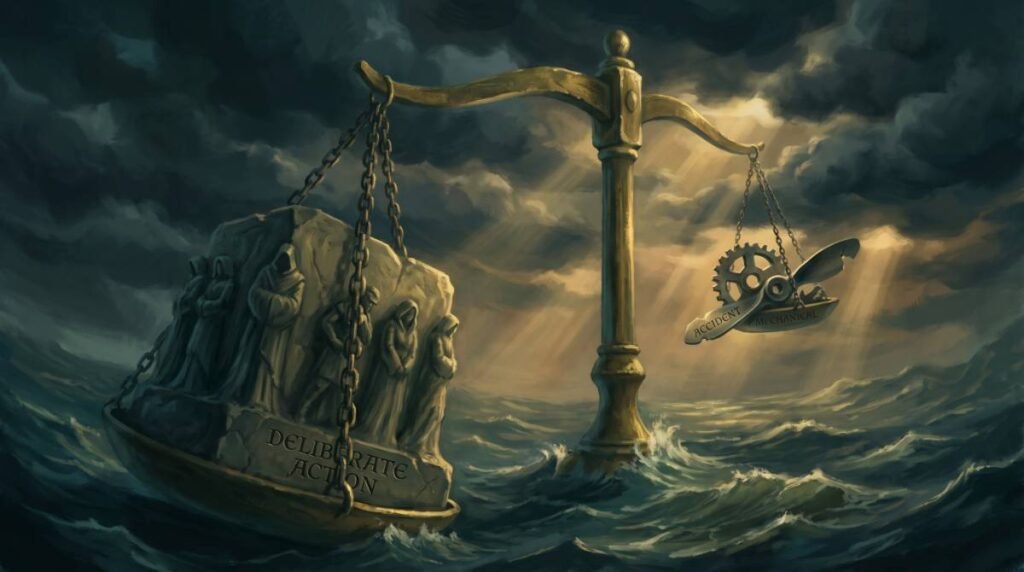 Ilustração de uma balança de justiça sobre um oceano tempestuoso, com o lado da ação humana pesando mais que a falha mecânica.