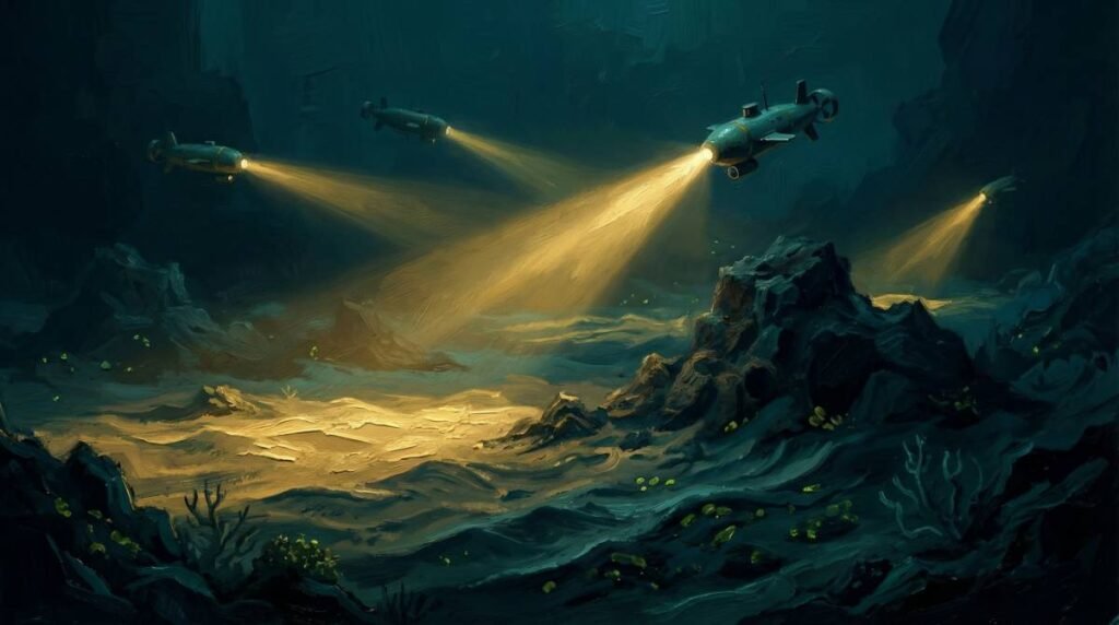 Pintura digital de drones autônomos iluminando o fundo do oceano escuro e vazio com feixes de luz dourada.