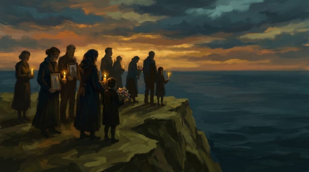 Ilustração de pessoas segurando velas e fotos em um penhasco à beira-mar durante o pôr do sol.