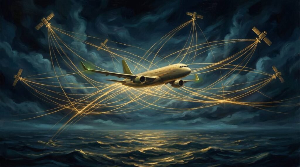 Ilustração de um avião comercial conectado a vários satélites por feixes de luz dourada.