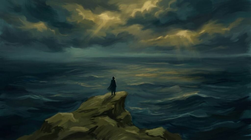 Pintura digital de uma pessoa solitária de pé em rochas olhando para o vasto e escuro oceano.