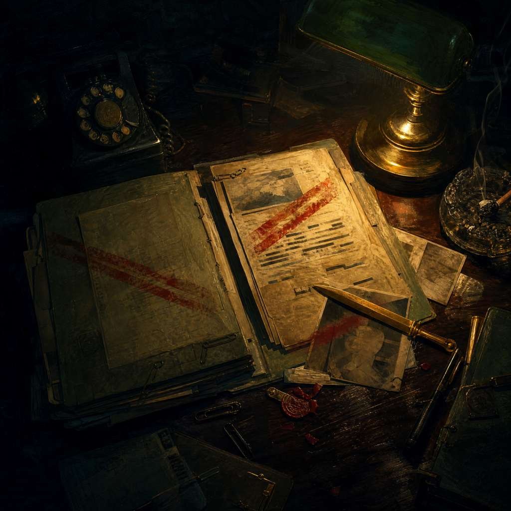 Pintura a óleo digital de um dossiê confidencial sobre uma mesa escura iluminada por uma luminária antiga, simbolizando a espionagem entre a CIA e a KGB durante a Guerra Fria.