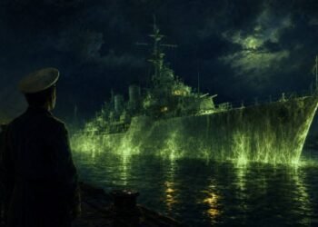 Experimento Filadélfia. Pintura a óleo digital mostrando o contratorpedeiro USS Eldridge envolto em uma névoa verde brilhante no porto à noite.
