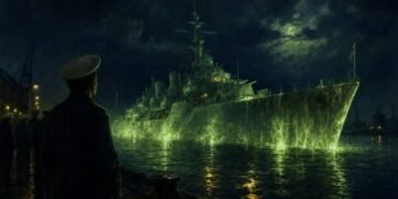 Experimento Filadélfia. Pintura a óleo digital mostrando o contratorpedeiro USS Eldridge envolto em uma névoa verde brilhante no porto à noite.