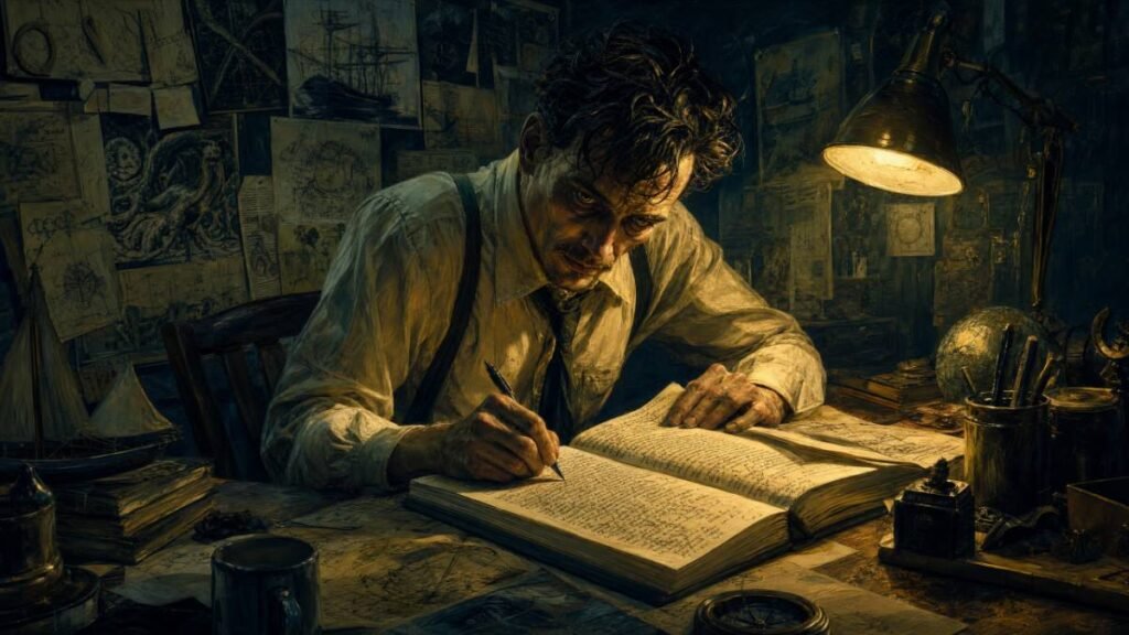 Experimento Filadélfia. Homem solitário dos anos 1950 escrevendo obsessivamente em um quarto escuro sob a luz de uma lâmpada.