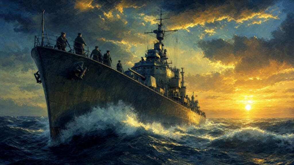 Experimento Filadélfia. Navio de guerra da Segunda Guerra Mundial navegando em águas calmas durante o dia.