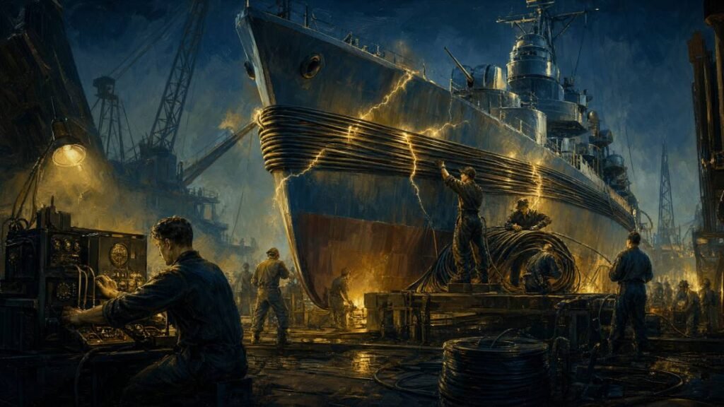 Experimento Filadélfia. Trabalhadores em um estaleiro da Segunda Guerra Mundial enrolando cabos elétricos grossos ao redor do casco de um navio.