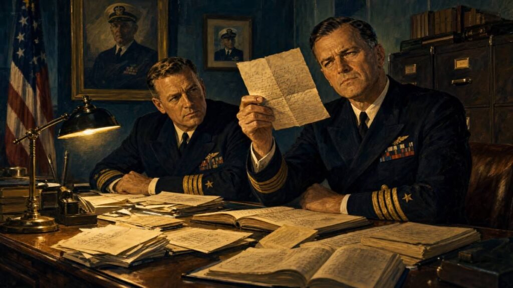 Experimento Filadélfia. Dois oficiais da Marinha dos EUA dos anos 1950 examinando cartas e documentos em uma mesa de escritório.