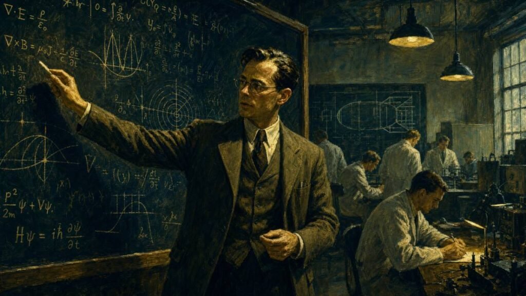 Experimento Filadélfia. Físico da década de 1940 escrevendo equações complexas em um grande quadro-negro em um laboratório.