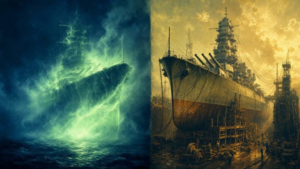 Experimento Filadélfia. Composição dividida à esquerda o navio fantasma verde e à direita o navio real em um estaleiro industrial.