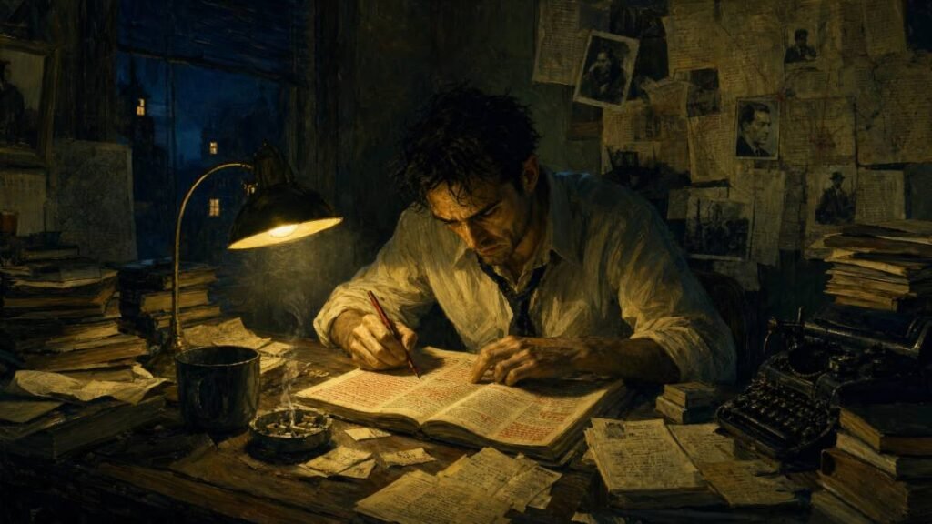 Experimento Filadélfia. Homem solitário em quarto escuro cercado por pilhas de livros e recortes de jornal, escrevendo em um livro.