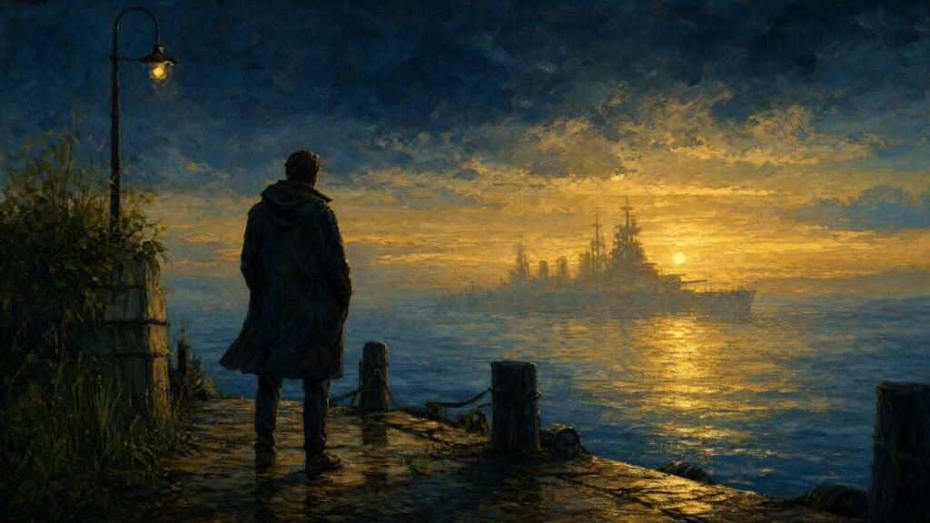 Experimento Filadélfia. Figura solitária em uma doca ao entardecer, olhando para a silhueta fantasmagórica de um navio no horizonte.