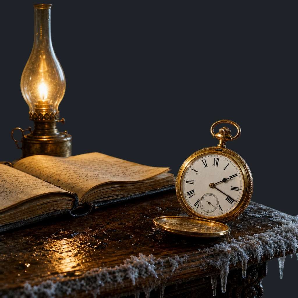 Composição artística de um relógio de bolso antigo, um diário aberto e uma lamparina sobre uma mesa congelada, simbolizando a verdade histórica que desmente as teorias da conspiração do titanic.