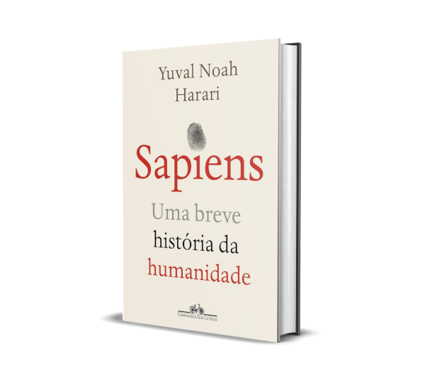 Mockup 3D do livro Sapiens - Uma Breve História da Humanidade, de Yuval Noah Harari.