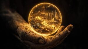 Banner do livro Sapiens, mostrando uma mão primitiva segurando uma esfera brilhante com cidades e símbolos.
