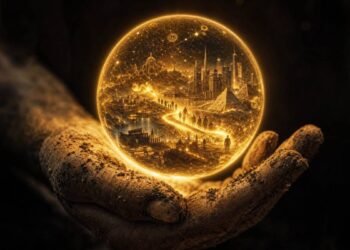 Banner do livro Sapiens, mostrando uma mão primitiva segurando uma esfera brilhante com cidades e símbolos.