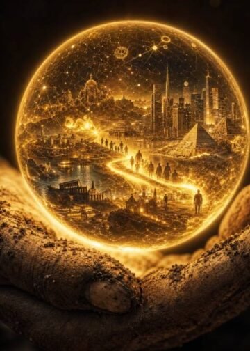 Banner do livro Sapiens, mostrando uma mão primitiva segurando uma esfera brilhante com cidades e símbolos.