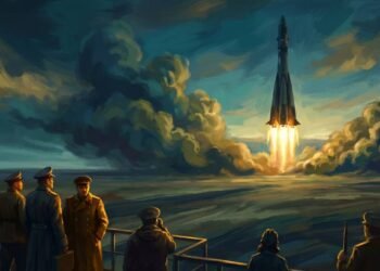 Pintura digital mostrando o lançamento do foguete Vostok 1 com Yuri Gagarin, iluminado por fogo dourado contra um céu azul escuro, observado por engenheiros soviéticos.