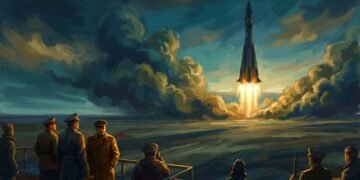 Pintura digital mostrando o lançamento do foguete Vostok 1 com Yuri Gagarin, iluminado por fogo dourado contra um céu azul escuro, observado por engenheiros soviéticos.