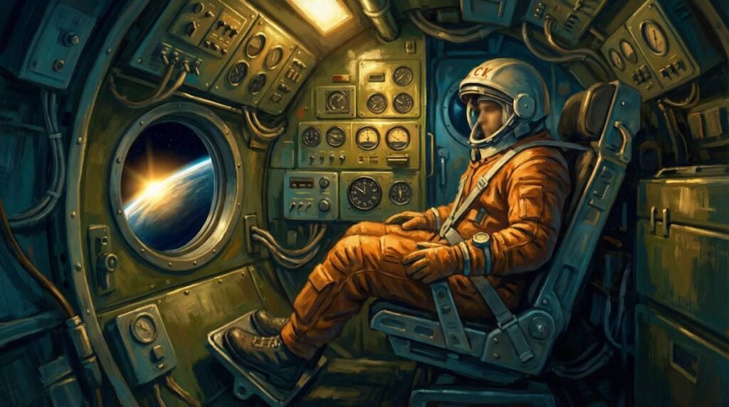 Pintura digital de Yuri Gagarin em seu traje espacial laranja dentro da pequena e claustrofóbica cápsula Vostok 1, olhando a Terra pela escotilha.