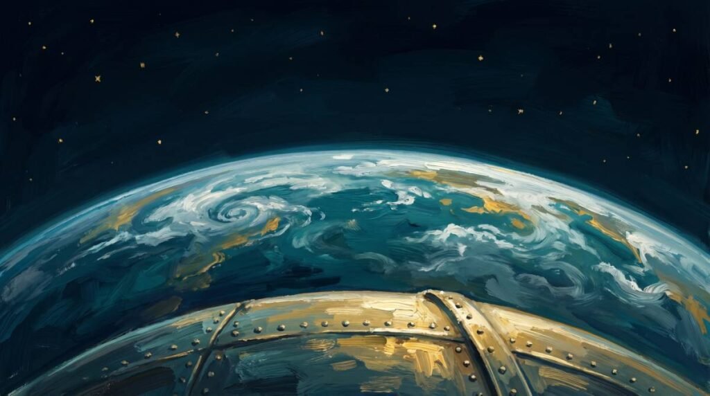 Pintura digital mostrando a curvatura azul da Terra vista do espaço, com a borda metálica da cápsula Vostok em primeiro plano.