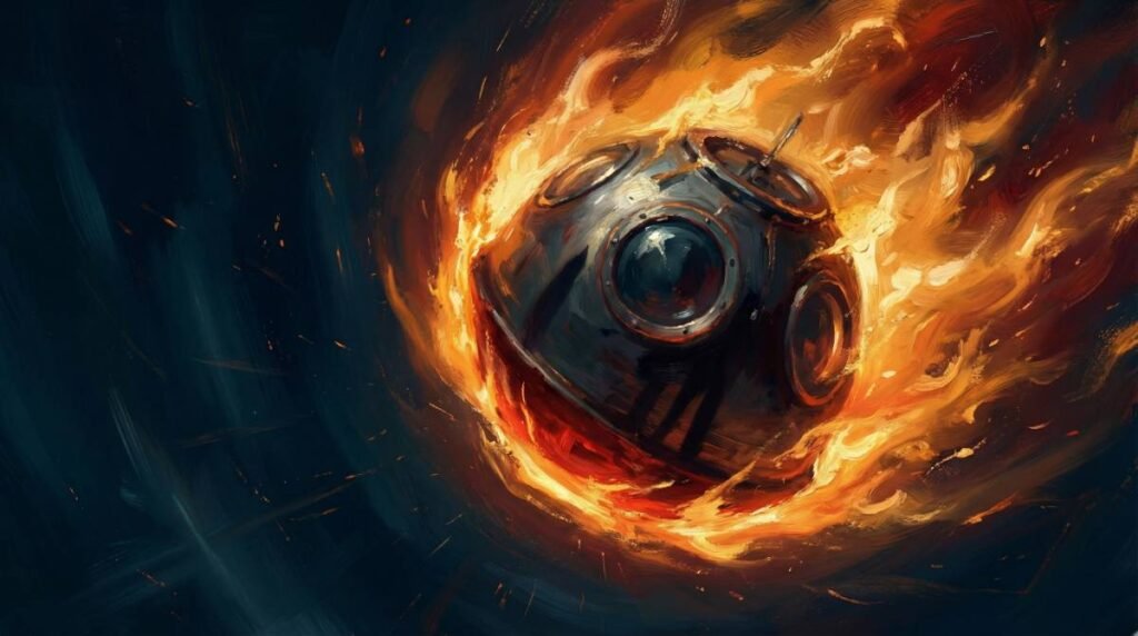 Pintura digital da cápsula esférica Vostok 1 envolta em chamas intensas durante a reentrada na atmosfera terrestre.