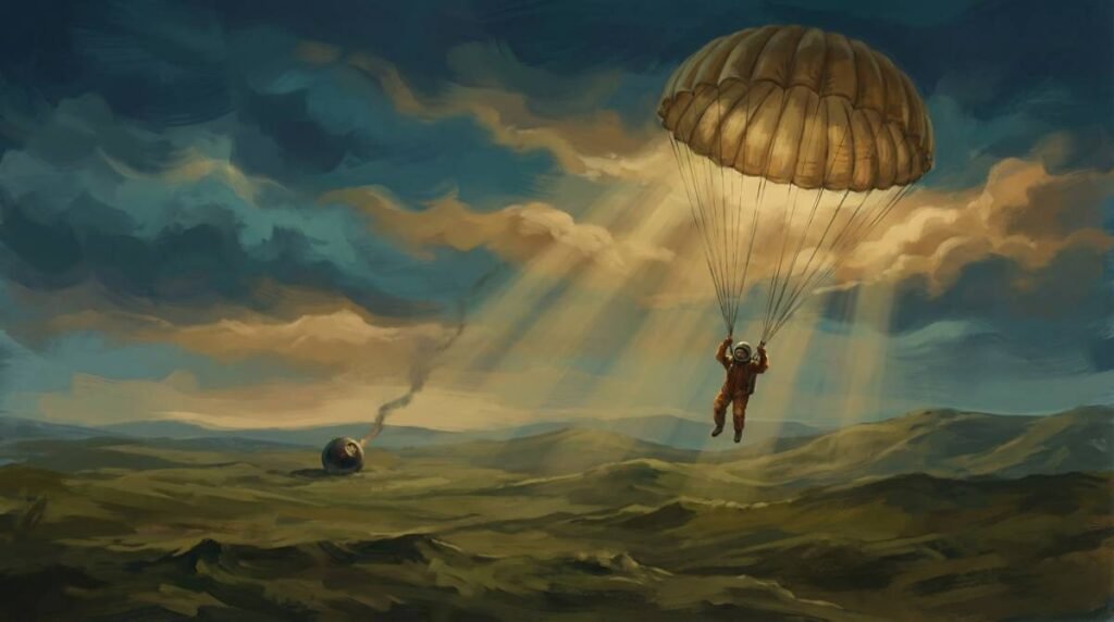 Pintura digital mostrando Yuri Gagarin de traje espacial descendo de paraquedas sobre a estepe russa, com a cápsula caindo ao fundo.