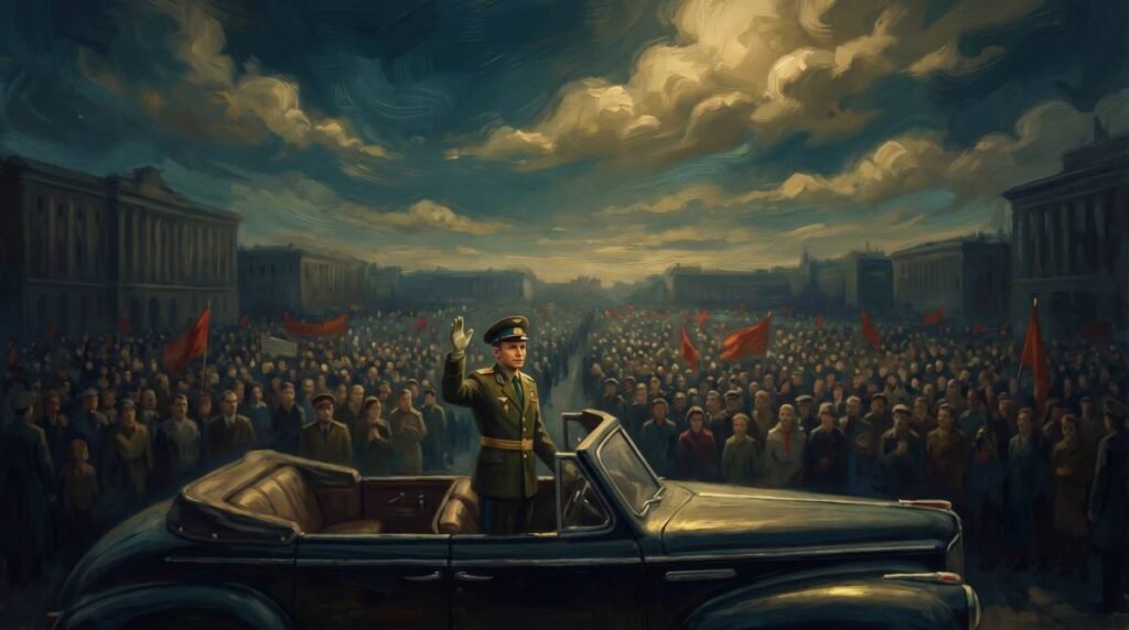 Pintura digital de Yuri Gagarin em uniforme militar acenando de um carro aberto para uma multidão gigantesca com bandeiras vermelhas.