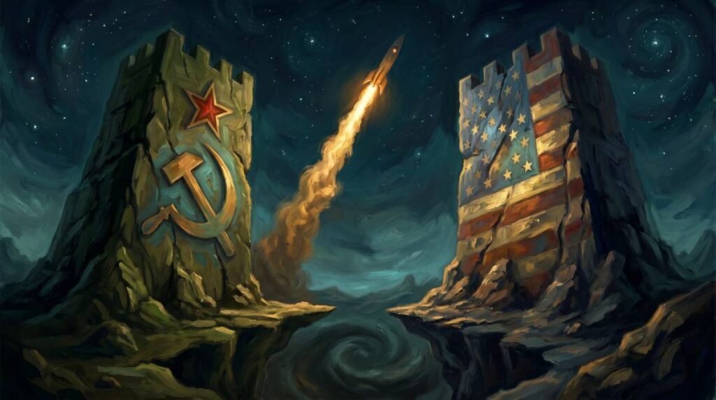 Pintura digital conceitual mostrando duas torres de pedra opostas, uma com símbolo soviético e outra com americano, com um foguete subindo entre elas.
