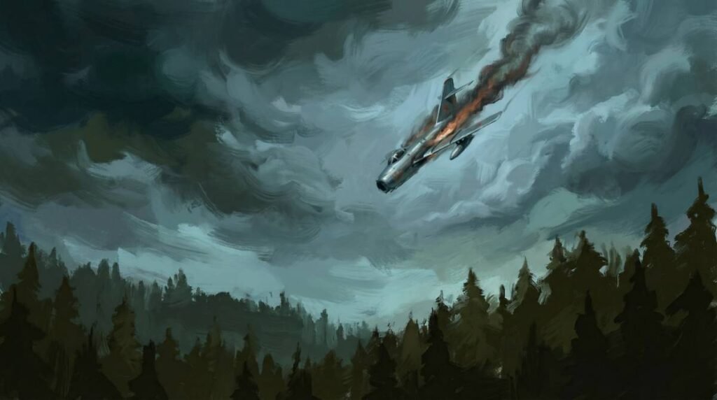Pintura digital sombria de um caça MiG-15 caindo em espiral através de nuvens de tempestade sobre uma floresta escura.