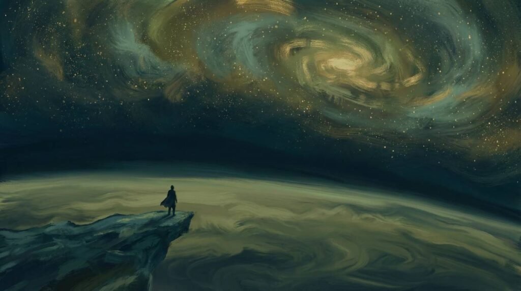 Pintura digital simbólica de uma silhueta humana em um penhasco observando um vasto e belo cosmos com estrelas e nebulosas.