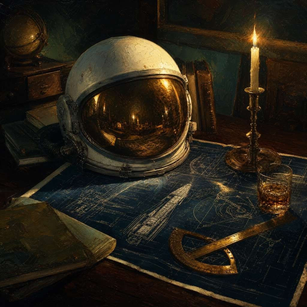 Pintura a óleo digital de um capacete de astronauta vintage com visor dourado sobre plantas de engenharia aeroespacial, iluminado por uma vela em uma mesa escura.