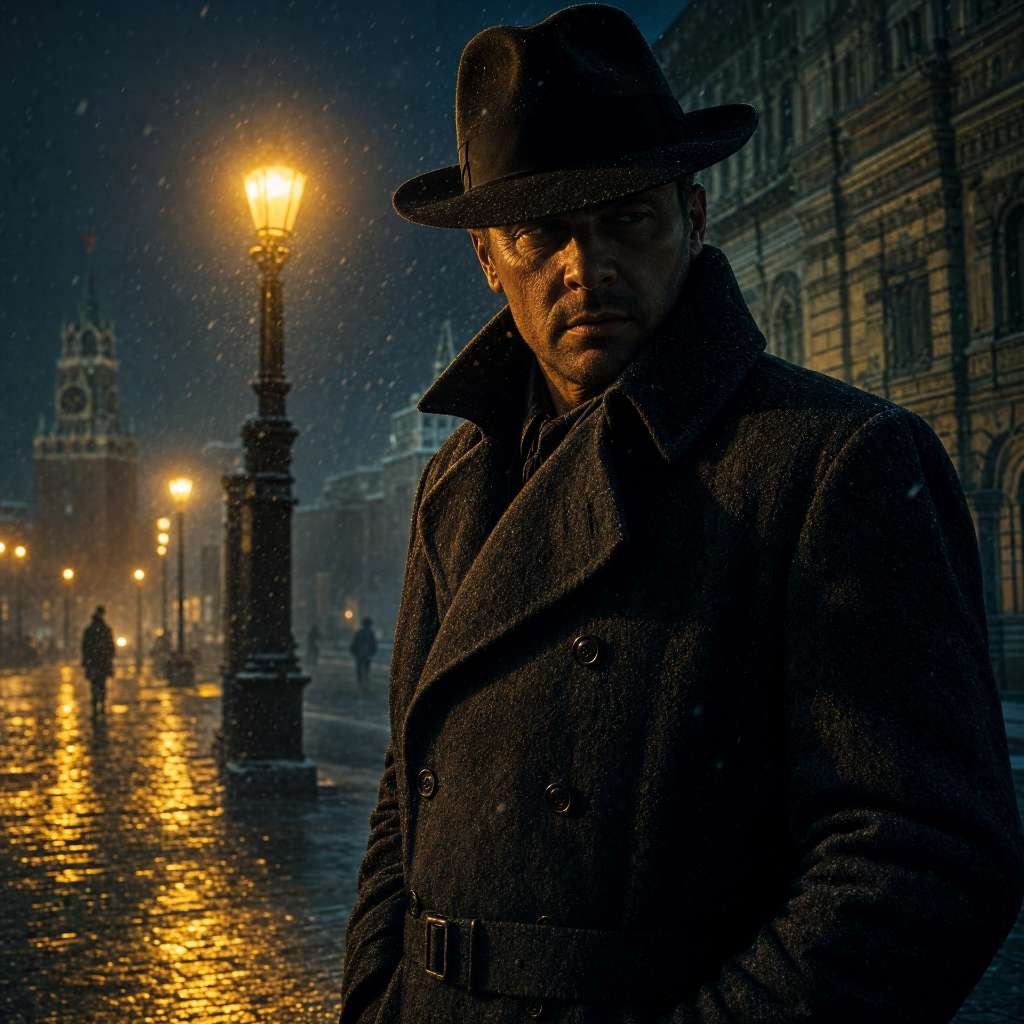 Ilustração cinematográfica de um espião em um sobretudo nas ruas enevoadas de Moscou à noite, representando a atmosfera de espionagem da Guerra Fria.