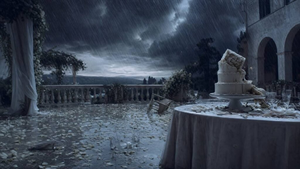 Recepção de casamento ao ar livre destruída por tempestade violenta, com bolo de casamento desmoronando, pétalas espalhadas e taças tombadas, referência ao clipe de November Rain