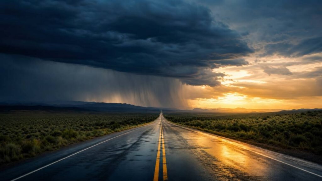 Estrada deserta no deserto sob céu dividido entre tempestade escura e pôr do sol dourado, simbolizando a jornada através da dor rumo à cura na mensagem de November Rain