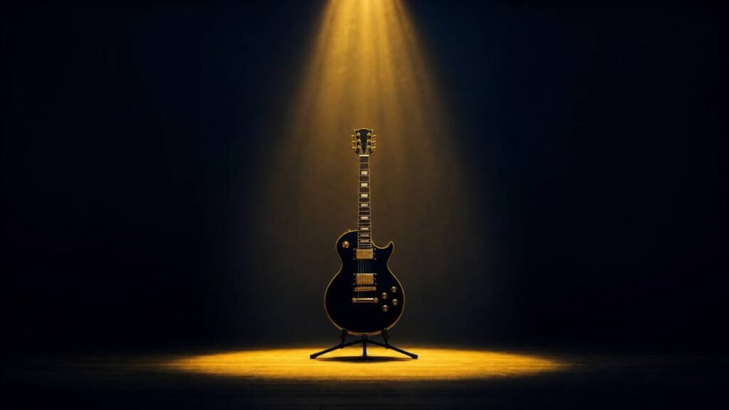 Guitarra elétrica Les Paul preta em suporte iluminada por holofote dourado em palco escuro, representando os solos lendários de Slash em November Rain