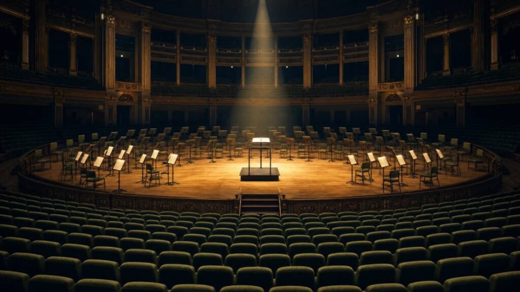Sala de concertos vazia com estantes de partitura no palco e holofote sobre o pódio do maestro, representando a orquestração de Michael Kamen em November Rain