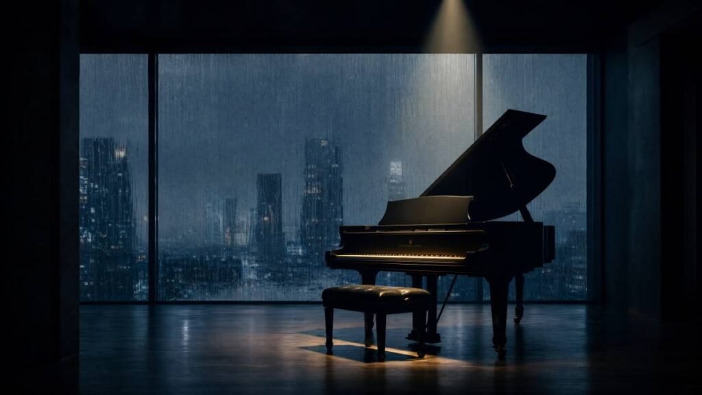 Piano de cauda preto em sala escura com janela panorâmica mostrando chuva torrencial e cidade ao fundo, representando a arquitetura musical de November Rain