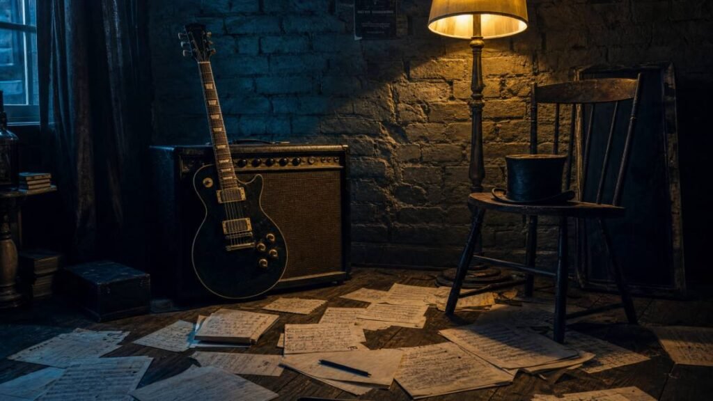 Quarto de músico dos anos 90 com guitarra elétrica Les Paul preta encostada em amplificador, cartola sobre cadeira e partituras espalhadas no chão, evocando a criação de November Rain