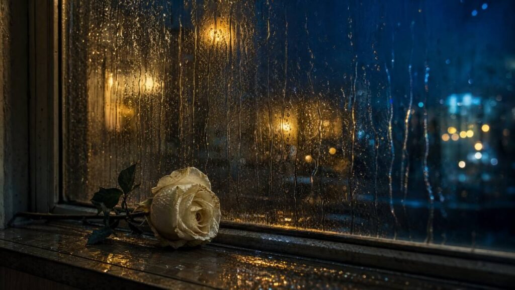 Rosa branca murchando sobre parapeito de janela com chuva escorrendo pelo vidro e luzes da cidade ao fundo, simbolizando o amor perdido na história real por trás de November Rain
