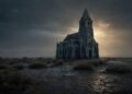 Igreja gótica solitária no deserto sob céu tempestuoso com chuva fina, evocando o isolamento e a grandiosidade de November Rain do Guns N' Roses