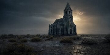 Igreja gótica solitária no deserto sob céu tempestuoso com chuva fina, evocando o isolamento e a grandiosidade de November Rain do Guns N' Roses