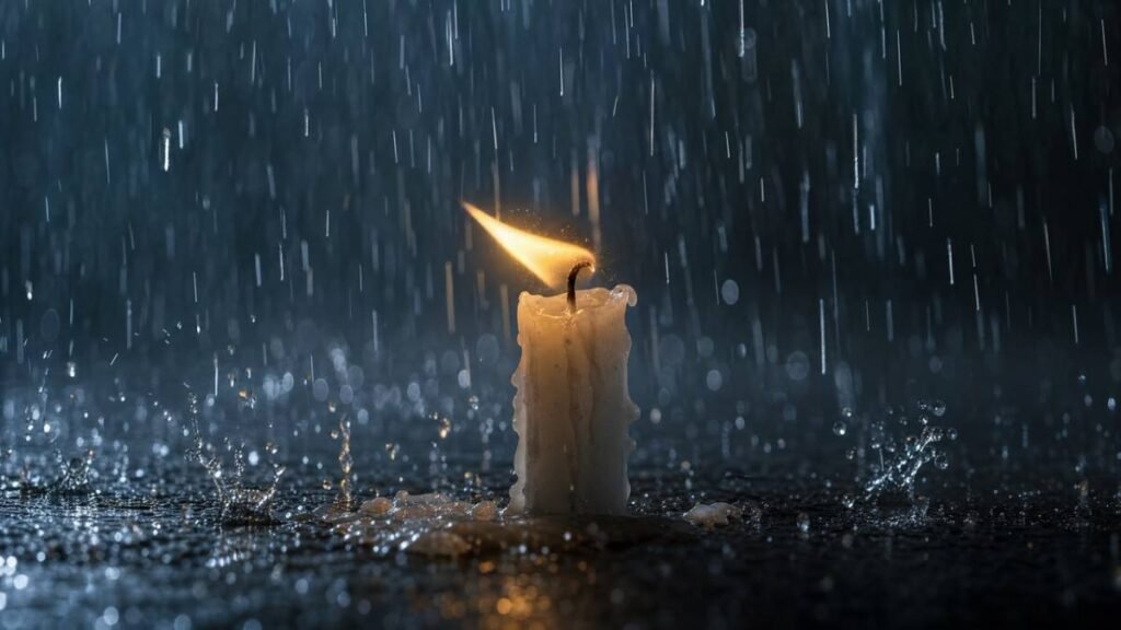 Vela branca quase se apagando sob chuva intensa. Em seu significado, November Rain usa essa imagem para simbolizar a fragilidade da esperança.