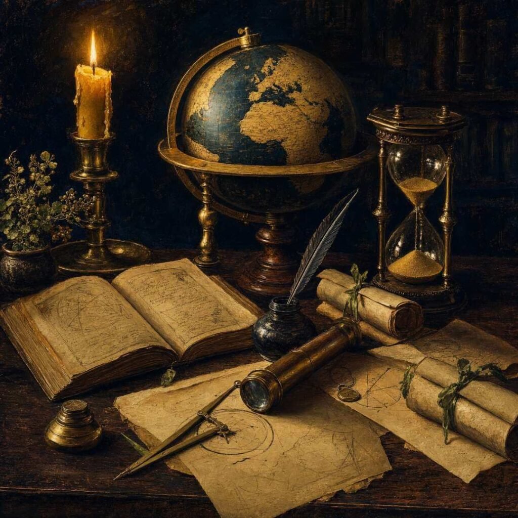 Ilustração artística de uma mesa antiga com globo terrestre, ampulheta e pergaminhos, representando a história da humanidade e o colapso das civilizações.