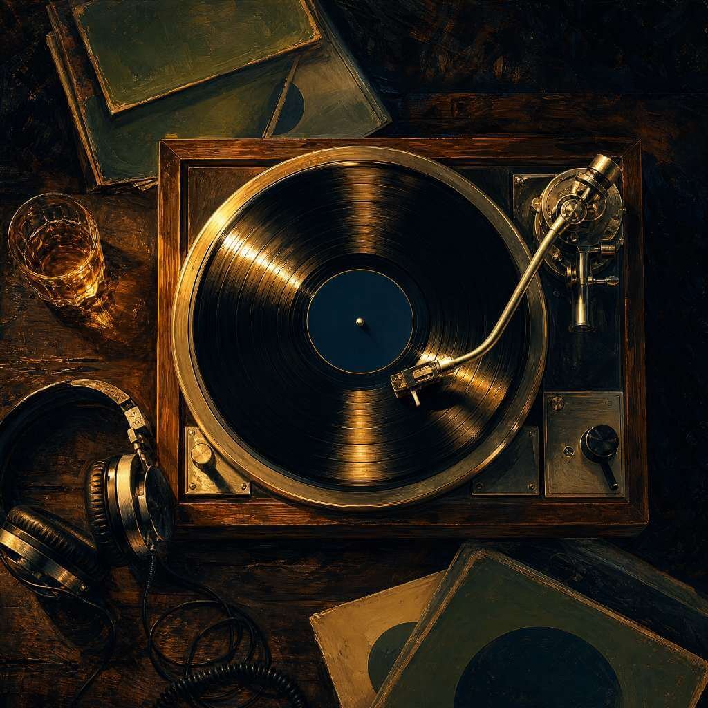 Toca-discos vintage de alta fidelidade tocando um disco de vinil sob iluminação dourada, representando a experiência analógica de November Rain.