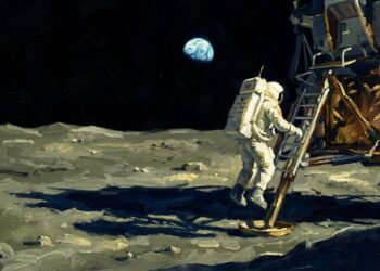 Pintura digital cinematográfica de um astronauta descendo a escada do módulo lunar e pisando na superfície da Lua, com a Terra visível no céu negro.